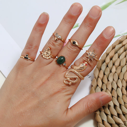 Juego de 7 Anillos Articulados con Diamantes y Serpiente Esmeralda - Image 12