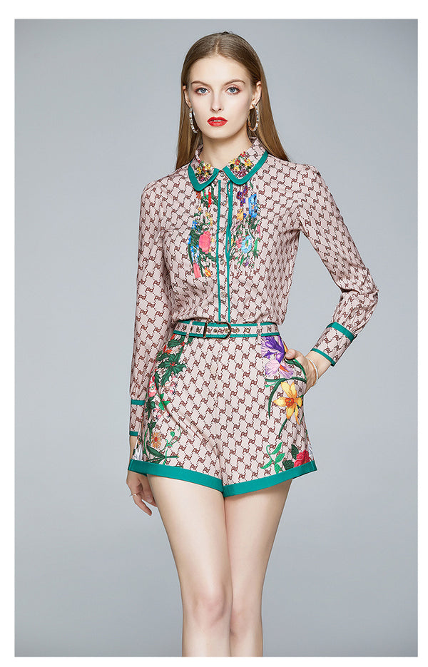 Conjunto de Dos Piezas Estilo Europeo: Camisa con Solapa y Short Cintura Alta