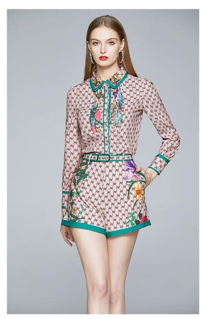 Conjunto de Dos Piezas Estilo Europeo: Camisa con Solapa y Short Cintura Alta