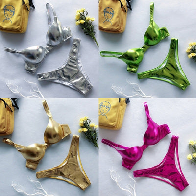 Bikini Dos Piezas Cuero Brillante con Fruncido - Traje de Baño Europeo Moderno - Image 9