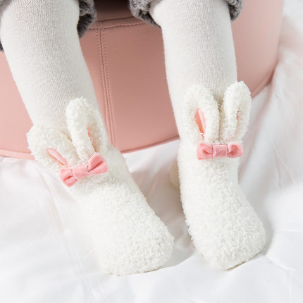 Calcetines Tubo de Felpa Coral con Conejito Blanco para Niñas