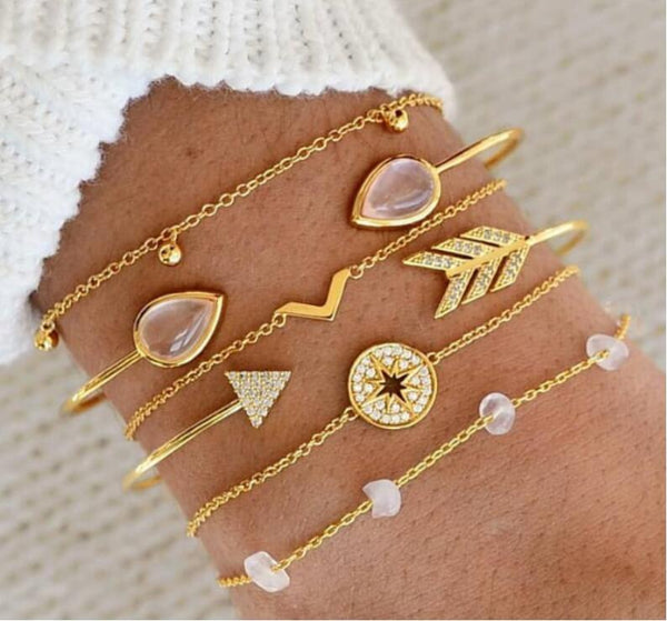 Pulsera de 6 Piezas con Piedra de Ojo de Gato y Flecha V - Conjunto Versátil Transfronterizo