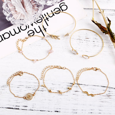 Pulsera de 6 Piezas con Piedra de Ojo de Gato y Flecha V - Conjunto Versátil Transfronterizo - Image 5