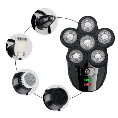 Black electric shaver with six rotary blades and indicator lights, designed for men's beard and bald head shaving. - Image 4