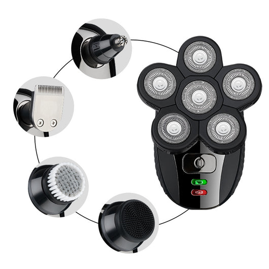 Black electric shaver with six rotary blades and indicator lights, designed for men's beard and bald head shaving. - Image 4