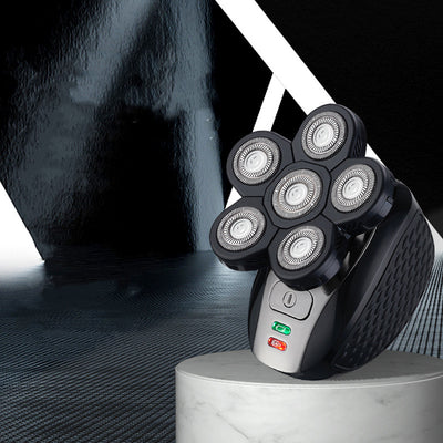 Black electric shaver with six rotary blades and indicator lights, designed for men's beard and bald head shaving.