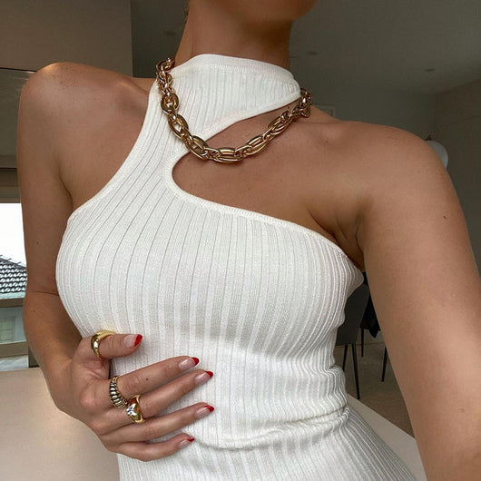Vestido Asimétrico Acanalado con Cuello Halter y Abertura - Image 4