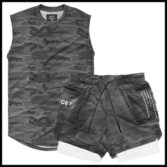 Conjunto Deportivo Muscular: Shorts y Chaleco Mesh Transpirable Doble Capa