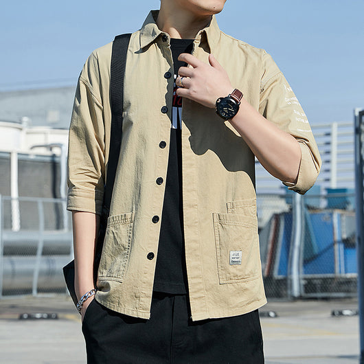 Camisa Suelta de Verano Coreana Manga 7/8 Estilo Hong Kong para Hombre - Image 7