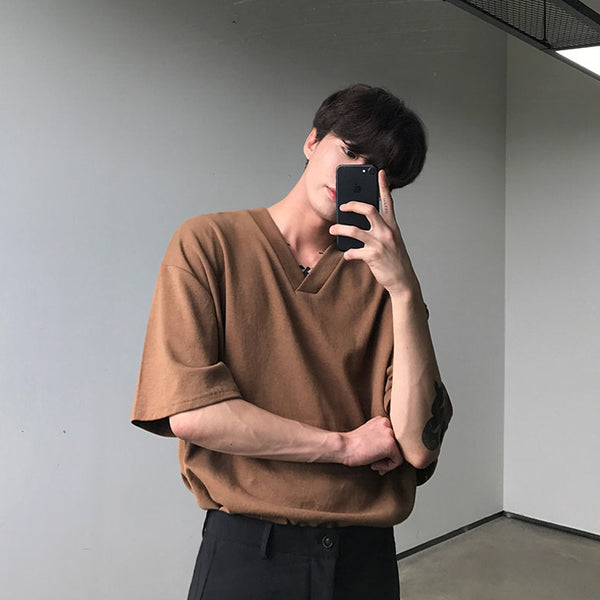 Camiseta Suelta de Cuello V para Hombre - Estilo Coreano Verano