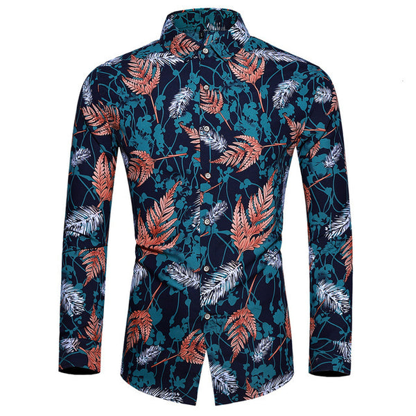 Camisa Hawaiana Estampada de Manga Larga para Hombre