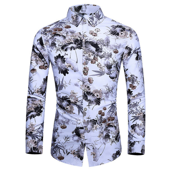 Camisa Hawaiana Estampada de Manga Larga para Hombre
