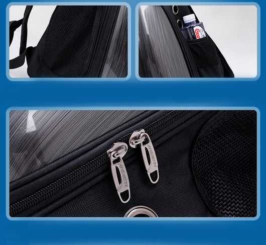 Black and white penguin-shaped pet carrier backpack with a transparent bubble window and ventilation holes. - Image 61