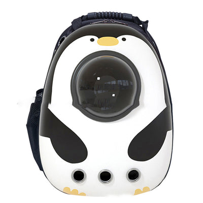 Black and white penguin-shaped pet carrier backpack with a transparent bubble window and ventilation holes. - Image 5