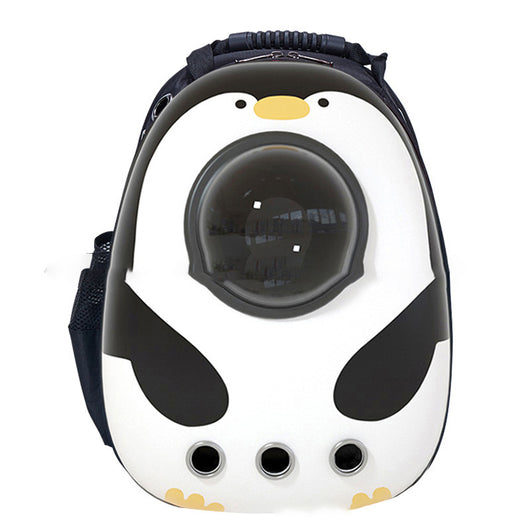 Black and white penguin-shaped pet carrier backpack with a transparent bubble window and ventilation holes. - Image 5