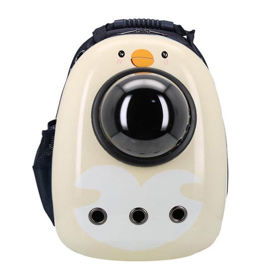 Black and white penguin-shaped pet carrier backpack with a transparent bubble window and ventilation holes. - Image 32