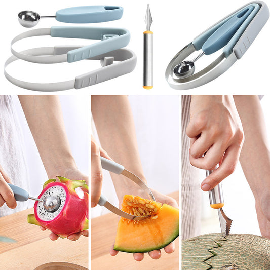 Cortador Decorativo 3 en 1 para Frutas - Pelador de Kiwi, Sacabolas de Sandía y Cuchara de Helado