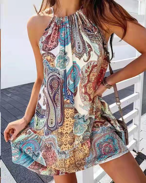 Vestido Corto Estampado sin Mangas con Detalle en Espalda