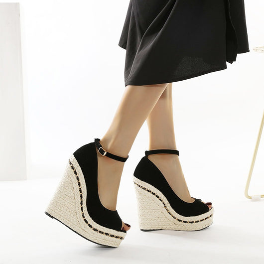 Sandalias Cuña Estilo Europeo Punta Abierta con Cinturón y Tacón Alto - Image 10