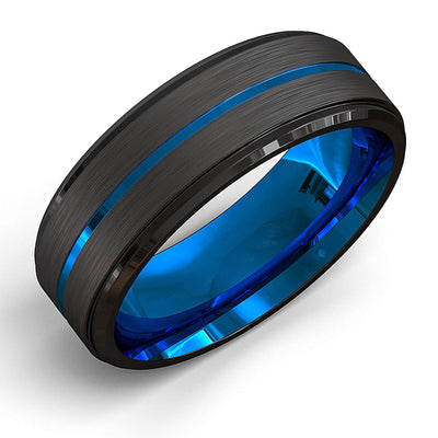 Anillo de Acero Tungsteno Bicolor Azul y Negro 8mm con Ranura - Image 3