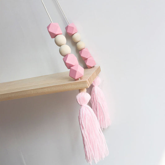 Repisa Decorativa de Pared con Cuentas de Colores y Borlas de Madera