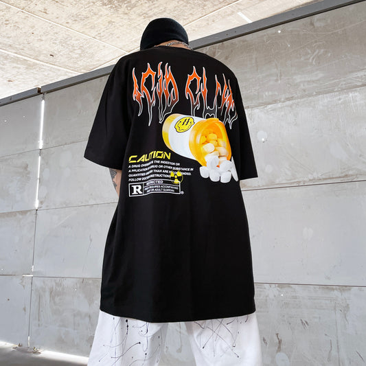 Camiseta Suelta Estampado Smile Pill Hip-Hop para Hombre y Mujer