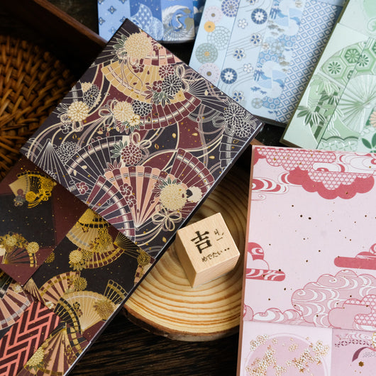 Fenghuaxueyue Series decorative paper pack with blue and white retro patterns, including waves, cranes, and geometric designs. - Image 16