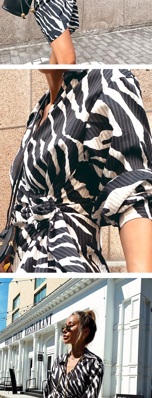 Vestido Camisero Zebra Elegante con Manga Larga Ajustado - Image 9