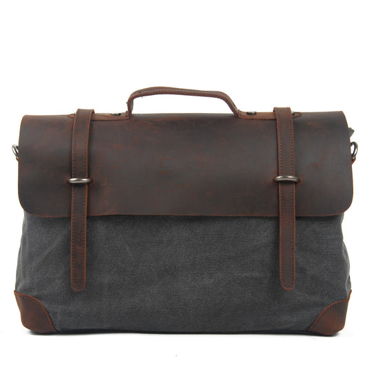 Bolsa de Hombro para Hombre en Cuero Crazy Horse con Lona - Image 7