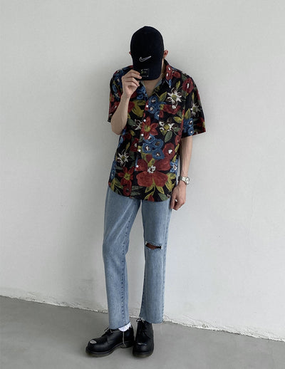Camisa Suelta de Flores Acuarela Retro - Manga Corta Estilo Coreano Unisex - Image 9