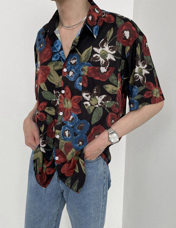 Camisa Suelta de Flores Acuarela Retro - Manga Corta Estilo Coreano Unisex