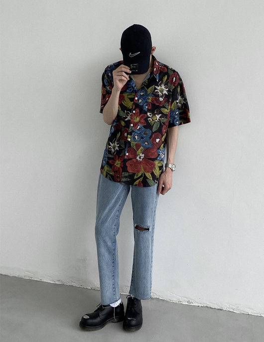 Camisa Suelta de Flores Acuarela Retro - Manga Corta Estilo Coreano Unisex - Image 3