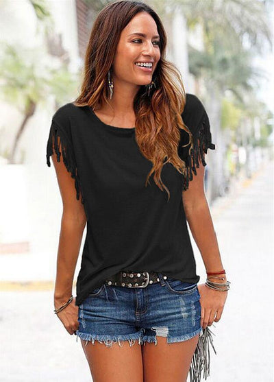 Camiseta de Algodón Talla Grande con Cuello Redondo y Detalles de Borlas - Image 16
