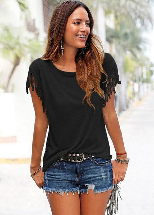 Camiseta de Algodón Talla Grande con Cuello Redondo y Detalles de Borlas - Image 16