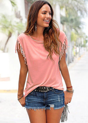 Camiseta de Algodón Talla Grande con Cuello Redondo y Detalles de Borlas - Image 13
