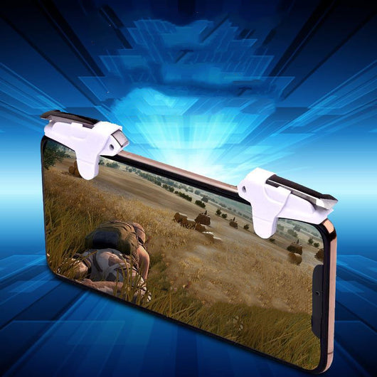 Pair of transparent and black mobile gaming trigger buttons clipped onto a black smartphone for enhanced gameplay. - Image 14