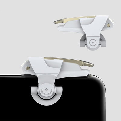 Pair of transparent and black mobile gaming trigger buttons clipped onto a black smartphone for enhanced gameplay. - Image 9