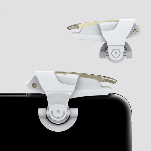 Pair of transparent and black mobile gaming trigger buttons clipped onto a black smartphone for enhanced gameplay. - Image 6
