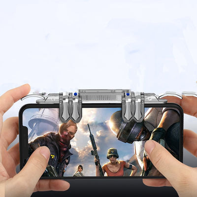 Pair of transparent and black mobile gaming trigger buttons clipped onto a black smartphone for enhanced gameplay. - Image 4