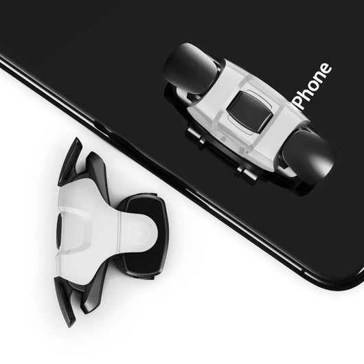 Pair of transparent and black mobile gaming trigger buttons clipped onto a black smartphone for enhanced gameplay. - Image 8