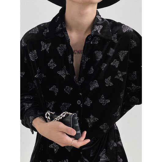 Blusa de Terciopelo Estampado Mariposas Brillantes Manga Larga - Image 7