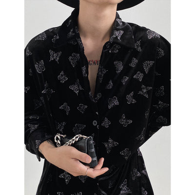 Blusa de Terciopelo Estampado Mariposas Brillantes Manga Larga - Image 5