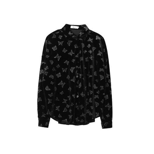 Blusa de Terciopelo Estampado Mariposas Brillantes Manga Larga