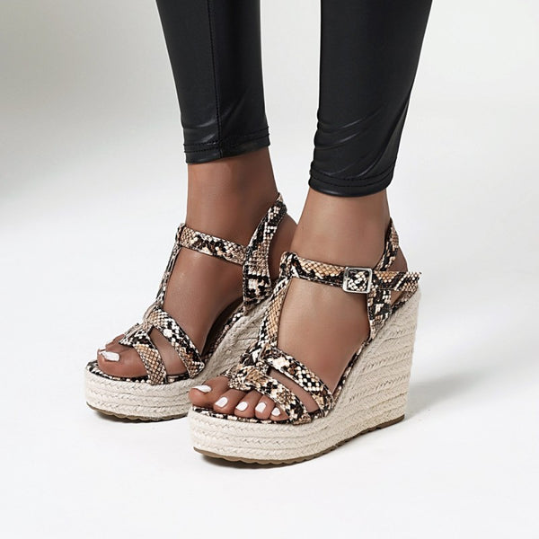 Sandalias Cuña Estampado Serpiente Plataforma Tacón Alto Hebilla Mujer Verano