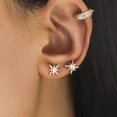 Aretes de Estrella y Diamante Pequeño, Diseño Geométrico con Perla y Circonia sin Perforación - Image 34