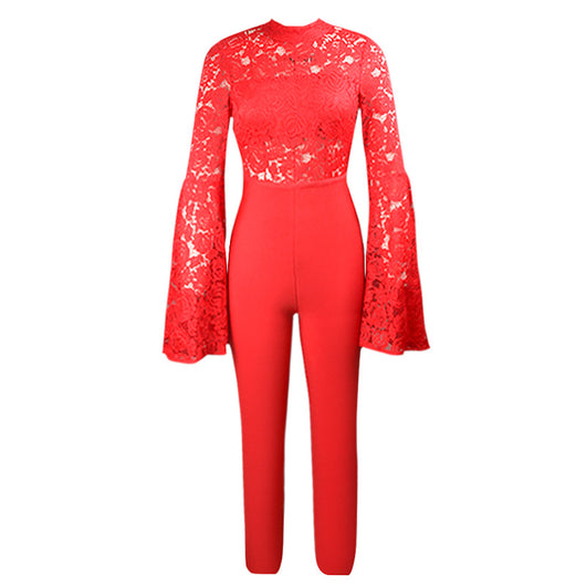 Jumpsuit Elegante con Mangas Acampanadas y Encaje Transparente - Image 3