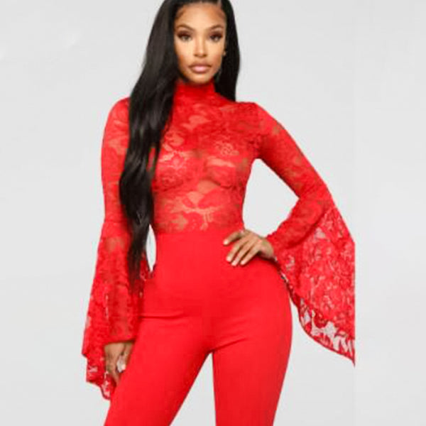 Jumpsuit Elegante con Mangas Acampanadas y Encaje Transparente