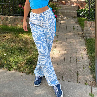 Pantalones Rectos Estampado Animal Azul - Estilo Casual Holgado para Primavera Verano - Image 49