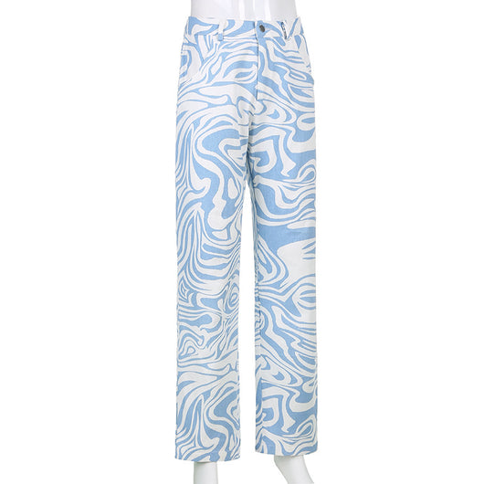Pantalones Rectos Estampado Animal Azul - Estilo Casual Holgado para Primavera Verano - Image 52