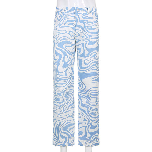 Pantalones Rectos Estampado Animal Azul - Estilo Casual Holgado para Primavera Verano - Image 55